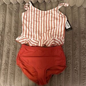 Striped Peplum Tankini Top with High-Waist Bottoms
